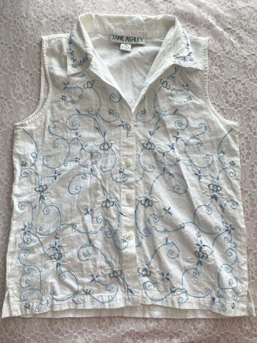 white blue embroidered button down